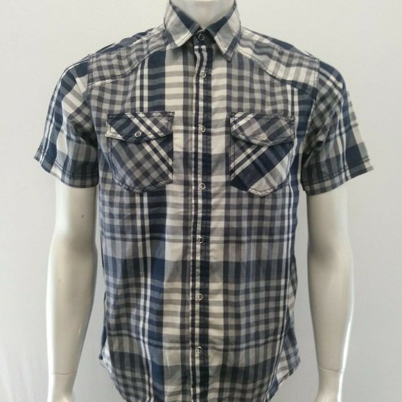Vintage UR Shirt Men's Small Cotton/Poly Snap Up Short Sleeve Blue Plaid - Picture 1 of 3